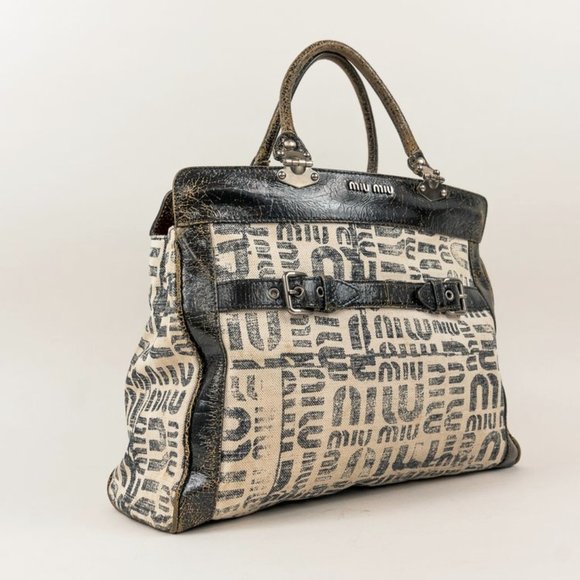 Miu Miu Twiggy White and Black Logo-Print Tote - Picture 2 of 12